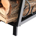 Close-up of compact 17 inch firewood rack for indoor and outdoor use, wrought iron frame, rustproof powder coated finish, holding logs