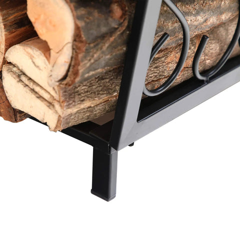 Close-up of compact 17 inch firewood rack for indoor and outdoor use, wrought iron frame, rustproof powder coated finish, holding logs