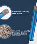 Diamond Drill Bit Set For Tile And Glass 9 Piece Includes 6mm 8mm 10mm 20mm 25mm 35mm 50mm Diamond Hole Saw Bits 35mm Beveling Chamfer Bit SDS Adapter For Glass Ceramic Porcelain Marble Brick Granite Pots, showing cooling wax and diamond grains