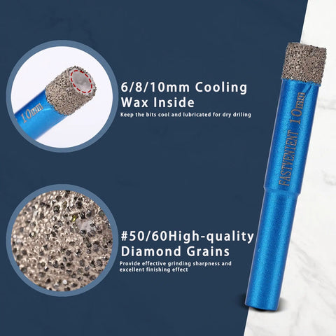 Diamond Drill Bit Set For Tile And Glass 9 Piece Includes 6mm 8mm 10mm 20mm 25mm 35mm 50mm Diamond Hole Saw Bits 35mm Beveling Chamfer Bit SDS Adapter For Glass Ceramic Porcelain Marble Brick Granite Pots, showing cooling wax and diamond grains