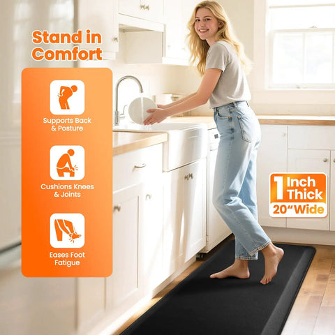 1 Inch Thick Anti Fatigue Kitchen Mat For Floor Non Slip Waterproof Standing Desk Mat For Kitchen Use Ideal For Cooking Cleaning And Working At The Counter Or Sink Black 20 By 72 Inches