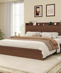 Queen Size Bed Frame With Storage Headboard And Two Drawers Mid Century Modern Platform Bed Featuring Built In Charging Station And Smart Shelf Solid Wood Slats Support No Box Spring Needed A Totally Hassle Free Pick in a cozy bedroom setting.