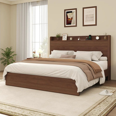 Queen Size Bed Frame With Storage Headboard And Two Drawers Mid Century Modern Platform Bed Featuring Built In Charging Station And Smart Shelf Solid Wood Slats Support No Box Spring Needed A Totally Hassle Free Pick in a cozy bedroom setting.