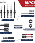 Kickass Countersink Drill Bit Set For Serious Woodworking Builds With Tapered Drill Bits And Wood Plugs, 15pcs kit layout with bits and accessories.