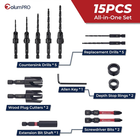 Kickass Countersink Drill Bit Set For Serious Woodworking Builds With Tapered Drill Bits And Wood Plugs, 15pcs kit layout with bits and accessories.
