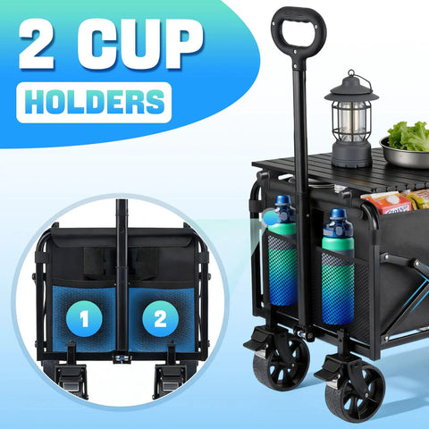 500 Pound All Terrain Collapsible Wagon With Foldable Table featuring two cup holders and swivel wheels with brakes