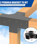 Heavy Duty Pergola Brackets For 4x4 Lumber, Black Powder Coated Steel 4 Way Kit with shoulder brackets and boots installed
