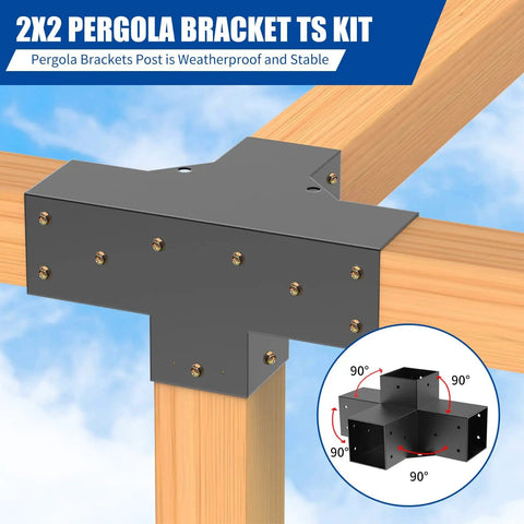 Heavy Duty Pergola Brackets For 4x4 Lumber, Black Powder Coated Steel 4 Way Kit with shoulder brackets and boots installed