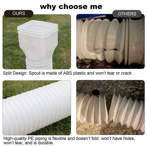 Comparison of White 2 Pack Rain Gutter Downspout Extensions Flexible Drain Downspout Extenders showing ABS plastic spout and PE piping