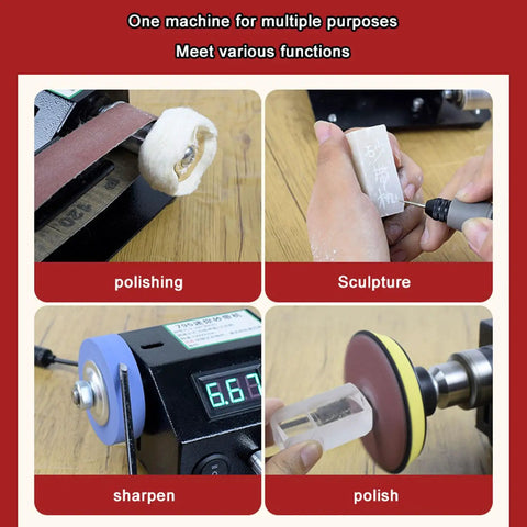 Heavy Duty 13000Rpm Desktop Belt Sander And Smart Knife Sharpener performing polishing, sharpening, and engraving functions on various materials.