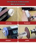Mini Desktop Belt Sander With Smart Knife Sharpener And 61 Pcs Polish Grinder Kit showing polishing, sharpening, and sculpting features.