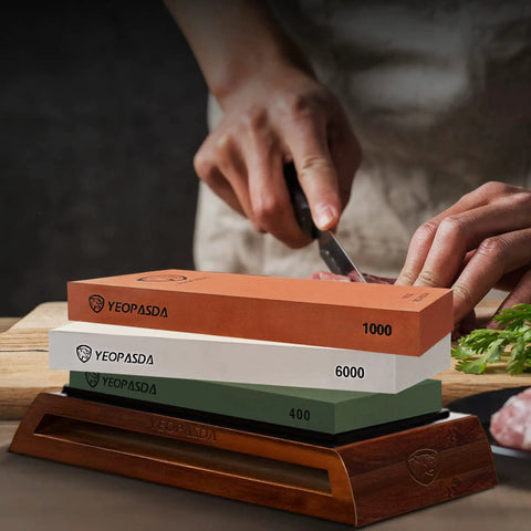 All In One Extra Large Knife Sharpening Stone Kit With 3 Grits 400 1000 6000 XL Wet Stone on wood base, knife sharpening example.