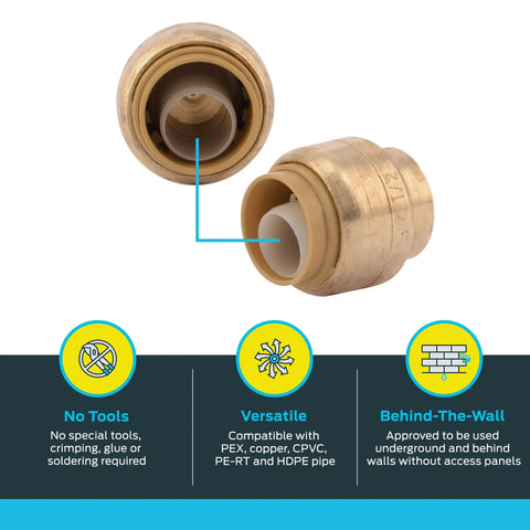 Half Inch Push Cap End Fitting For Plumbing, Quick Push To Connect Brass End Cap For PEX Copper CPVC PERT HDPE Pipes close-up