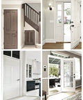 Composite image of interior and exterior doors, including French doors, using 2 Pack Ball Catch Door Hardware For Top Of French Doors Adjustable Drive In Ball Latch Invisible Pantry Door Solution Bronze Finish Heavy Duty Stainless Steel Build Keeps Doors Quiet Closed And Secure.