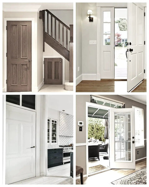 Composite image of interior and exterior doors, including French doors, using 2 Pack Ball Catch Door Hardware For Top Of French Doors Adjustable Drive In Ball Latch Invisible Pantry Door Solution Bronze Finish Heavy Duty Stainless Steel Build Keeps Doors Quiet Closed And Secure.
