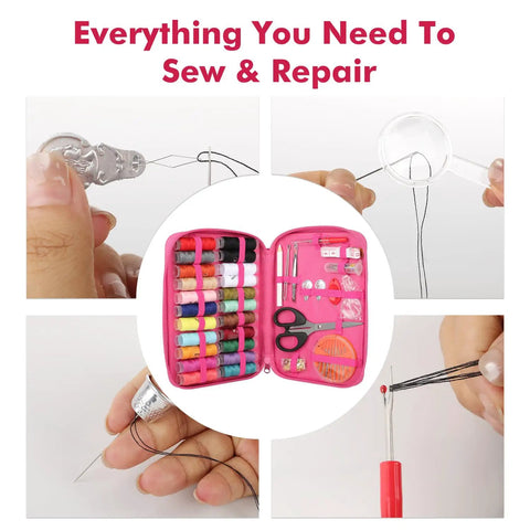 On The Go Pink Sewing Kit For Adults Portable Travel Set With 198 Pieces Includes Needles Thread Scissors Tape Measure Marker Pins