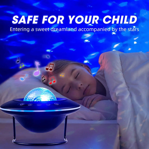 Child asleep with Nebula Night Projector casting star moon cloud modes, creating dreamy nebula on wall or ceiling, safe ambiance