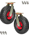 Bulletproof Heavy Duty Industrial Swivel Casters Two Pack Flat Free Rubber Trolley Wheels with red centers and steel plates.