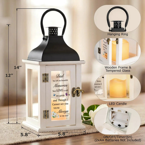 Memorial Lantern For Dad Loss Sympathy Gift Flameless Candle Light with wooden frame, tempered glass, 6H timer, 14x5.8 in size.