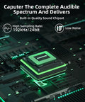 Close-up of sound chipset with 192kHz/24bit specs related to Pro Grade USB Condenser Podcast Microphone Kit for Recording and Streaming