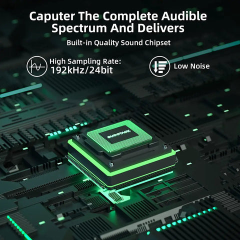Close-up of sound chipset with 192kHz/24bit specs related to Pro Grade USB Condenser Podcast Microphone Kit for Recording and Streaming