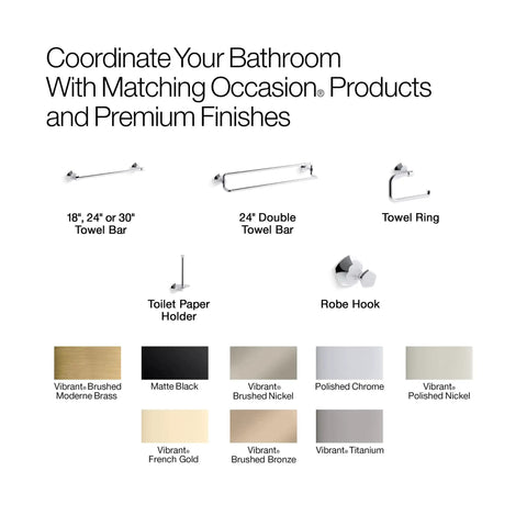 Occasion Towel Ring Premium Metal Bathroom Accessory With Corrosion And Tarnish Resistant Finish Includes Tools Hardware And Template Lifetime Limited Warranty Available In Several Colors Part Of The Occasion Collection shown with matching products and finishes.