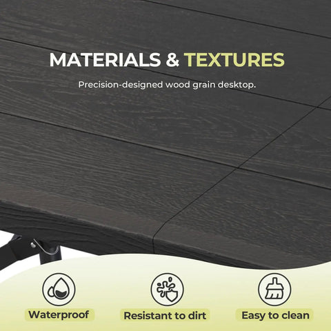 Close-up of black 4 Foot Folding Table Portable Heavy Duty 400 Lb Capacity With Wood Grain Top Anti Slip Feet texture details