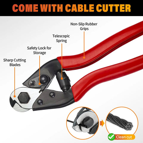 Cable cutter tool for Black T316 Stainless Steel Cable for Railing, One Eighth Inch Wire Rope, 500 Feet Roll, red grips shown