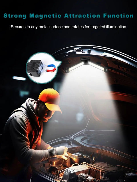 Portable Gym Lighting For Posing And Outdoor Use Your Go To Magnetic Rechargeable Work Light With 180 Degree Rotation Foldable Camping Lamp illuminating a car engine.