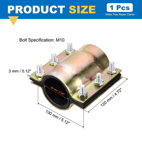 Water Pipe Repair Clamp Kit For 60mm OD Pipes, 4.72 Inch Length, carbon steel leak sealer with M10 bolt, side view