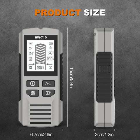 Multifunction Wall Scanners Studs Finders for Homes, Red, dimensions shown, sleek design, digital display, 15cm tall