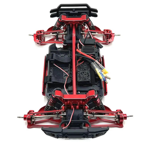 View of Badass Red Anodized Metal Wheel Hub Carrier Upgrade For 1/10 Scale RC Crawlers And Tracked Platforms showing chassis layout.