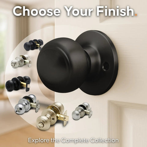 Passage Interior Door Knob Set Matte Black Heavy Duty Modern Handle shown with various finish options