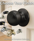 Close-up of Matte Black Passage Interior Door Knob Set Heavy Duty Easy Install Reversible For Bedroom Bathroom And Closets ANSI Grade 3 Certified 6 Pack No Locking Mechanism For Easy Access with various finishes displayed