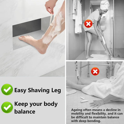 Visual comparison showcasing the Tileable Shower Niche Foot Rest 16 By 8 By 4 Inches Recessed Wall Niche Insert for easy leg shave.