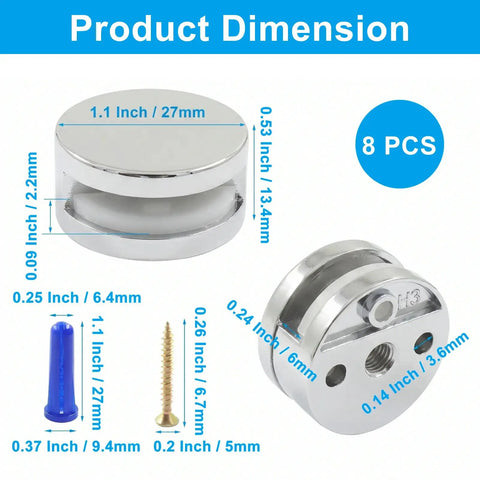 8 Pack Frameless Mirror Hangers For 3 To 5 Mm Glass Zinc Alloy Wall Mount Brackets With Screws And Anchors dimensions