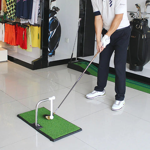 Golfer using 360 Degree Auto Return Golf Swing Training Aid With Five Height Adjustable Settings Home And Indoor Club Practice
