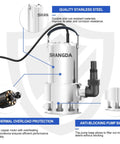 1 HP Submersible Sump Pump, 4500 GPH Water Transfer Pump With Stainless Steel Build, Handles Clean And Dirty Water, Features Illustrated