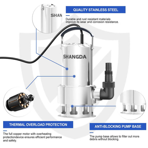 1 HP Submersible Sump Pump, 4500 GPH Water Transfer Pump With Stainless Steel Build, Handles Clean And Dirty Water, Features Illustrated