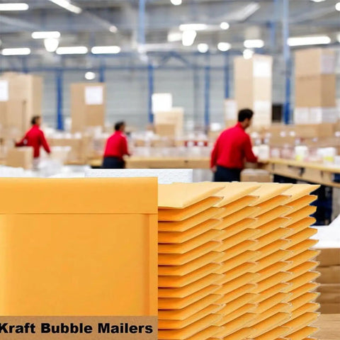 Stack of yellow Kraft Bubble Mailers 8.5 By 12 Inches 200 Pack Self Sealing Padded Envelopes in warehouse setting