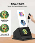 Two Size Round Button Punch Kit 58mm And 70mm for photo badges, featuring clean cuts with hand press in use.