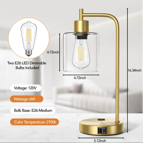 Set Of 2 Industrial Touch Desk Lamps With Two USB Ports And Two AC Outlets, 3-Way Dimmable Bedside Reading Lamps