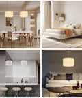Plug In Pendant Light With 15 Foot Hanging Cord And Toggle Switch Natural Linen Drum Shade E26 Bulb Socket Modern Beige Fixture over kitchen and living room settings.