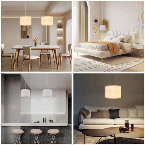 Plug In Pendant Light With 15 Foot Hanging Cord And Toggle Switch Natural Linen Drum Shade E26 Bulb Socket Modern Beige Fixture over kitchen and living room settings.