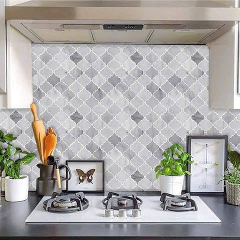 Arabesque Peel And Stick Tiles For Kitchen Backsplash In Marble Gray, 12 By 12 Inch, 10 Sheets, Thick 3D Self Adhesive Wall Tiles
