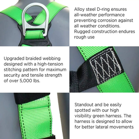 Rock Solid Full Body Fall Protection Safety Harness With Dorsal D Ring And Quick Buckle Legs In High Visibility Green For Construction Roofing Scaffolding Jobsite Gear Built For Daily Grind Osha Ansi Certified Comfort Fit