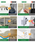 Comparison chart of 10x15 Heavy Duty Pop Up Canopy Tent With Sidewalls Pro Grade Gazebo versus others showing features like frame thickness and netting.