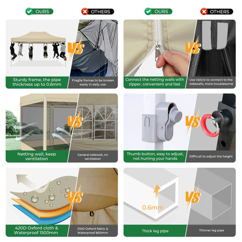 Comparison chart of 10x15 Heavy Duty Pop Up Canopy Tent With Sidewalls Pro Grade Gazebo versus others showing features like frame thickness and netting.