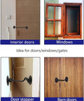 Two Pack Hook And Eye Latch For Doors And Gates 2 Inch Black Stainless Steel Heavy Duty Privacy Latch shown on various doors and windows.