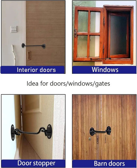Two Pack Hook And Eye Latch For Doors And Gates 2 Inch Black Stainless Steel Heavy Duty Privacy Latch shown on various doors and windows.